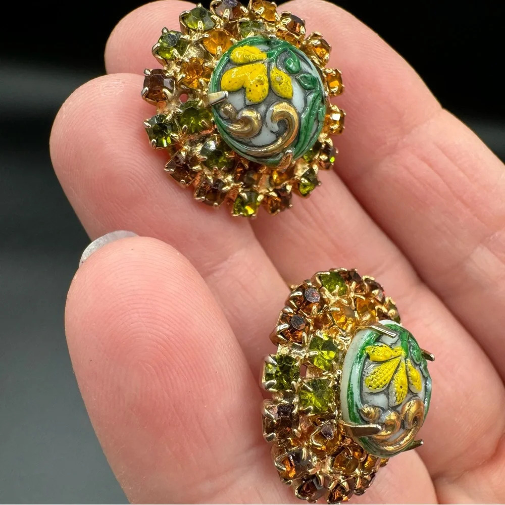 Vintage 1920s Art Nouveau Style Austrian Crystal Gold Tone Floral Necklace Set - Picture 11 of 17